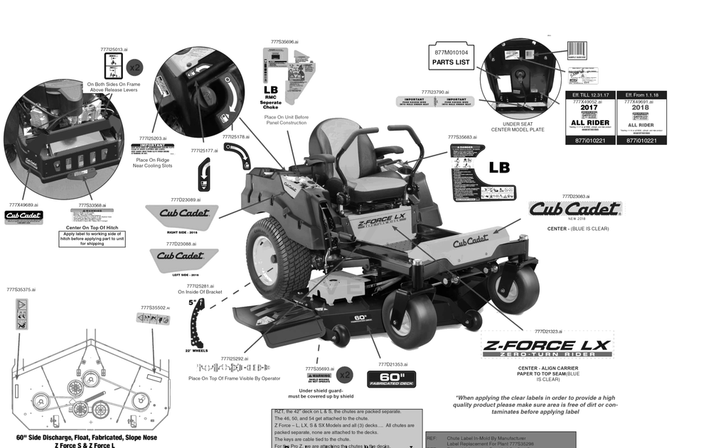Label Map Diagram and Parts List for Z-FORCELX60KW (17RIDAUD010)(2018) Cub Cadet Lawn Tractor